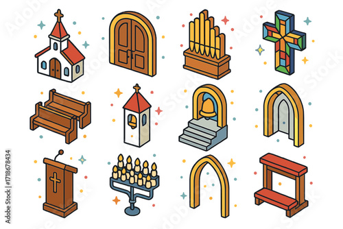 Colorful Church Icons. Colorful isometric vector icons set of Church building and interior: white steeple church, large wooden doors, pipe organ, stained glass