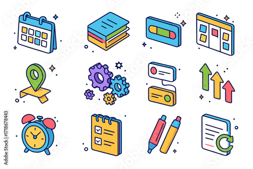 Vibrant Planning Icons. Colorful isometric vector icons set of project planning teamwork: calendar board, stacked documents, progress bar, kanban board,