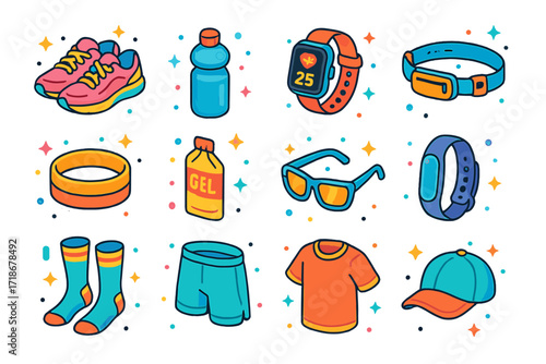 Running Gear Icons. Colorful isometric vector icons set of running gear and accessories: running shoes, water bottle, smartwatch, running belt, sweatband,