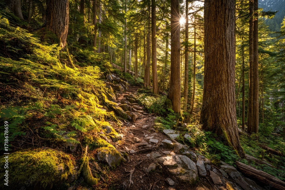 Fototapeta premium Sunlit forest trail through mossy, rocky terrain