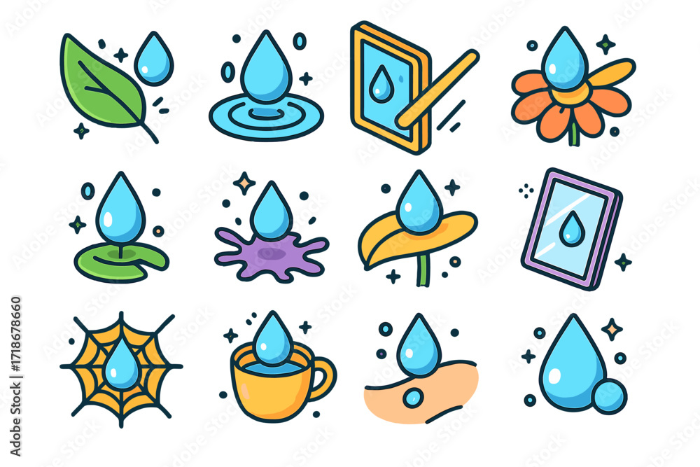 Obraz premium Raindrop Interaction Icons. Colorful isometric vector icons set of raindrop interactions: raindrop hitting leaf, drop on window, drop rolling down surface,
