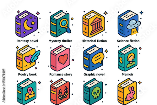 Colorful Bedtime Book Icons. Colorful isometric vector icons set of favorite bedtime book genres: fantasy novel, mystery thriller, historical fiction, science