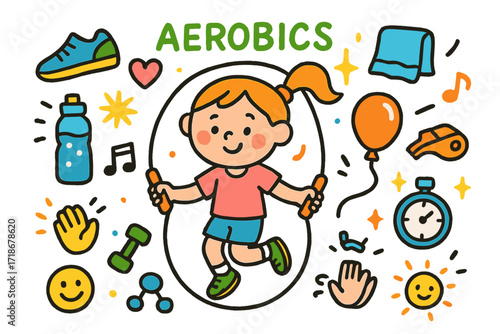 Colorful Aerobics Doodle. Colorful Hand-drawn doodle Children illustration Aerobics session jump rope, sneakers, water bottle, heart, music note, towel,
