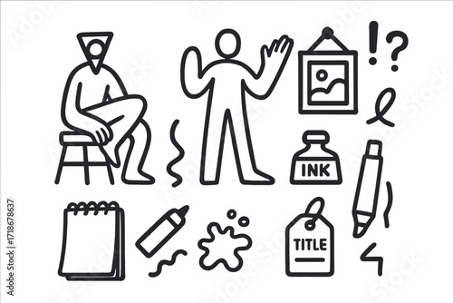 Modern Abstract Doodle Art. Hand-drawn doodle illustration modern figurative drawing line figure, abstract body, geometric head, marker, brush pen, ink bottle,