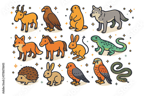 Steppe Wildlife Icons. Colorful isometric vector icons set of steppe wildlife: saiga antelope, steppe eagle, marmot, wolf, steppe fox, wild horse, jerboa,