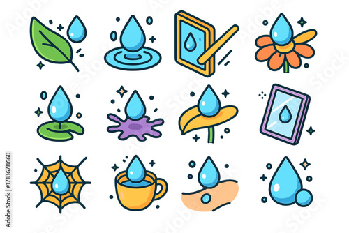 Raindrop Interaction Icons. Colorful isometric vector icons set of raindrop interactions: raindrop hitting leaf, drop on window, drop rolling down surface,