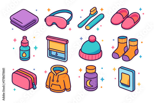 Overnight Train Essentials. Colorful isometric vector icons set of Overnight Train Ride Setup: blanket, sleep mask, travel-sized toothbrush, slippers, eye