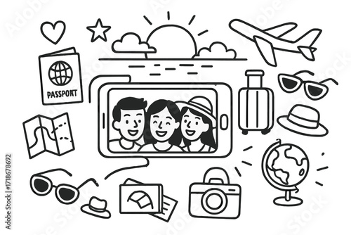 Travel Adventure Icons. Hand-drawn doodle illustration Travel sunset selfies [smartphone, group of friends, suitcase, airplane, sun, horizon, clouds, passport,