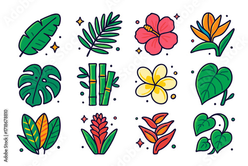 Tropical Plant Icons. Colorful isometric vector icons set of tropical plants: banana leaf, palm frond, hibiscus flower, bird of paradise, monstera deliciosa,