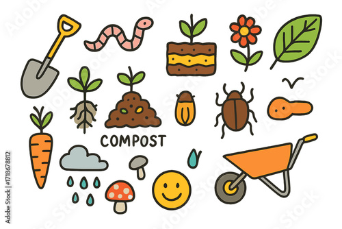 Soil Health Doodles. Colorful Hand-drawn doodle Children illustration Soil health and sustainability shovel, worm, soil layer, root, leaf, plant, compost,