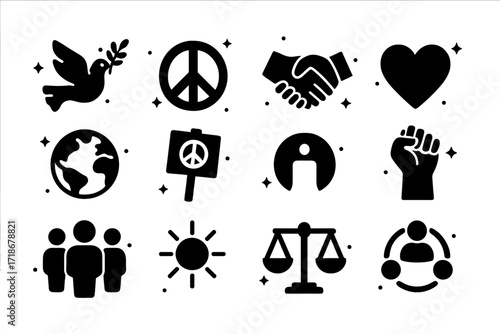 Peace Icons Ensemble. Peace. Solid icons set of dove, olive branch, peace symbol, handshake, globe, protest sign, heart, raised fist, diverse people, sun,