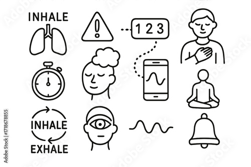 Mindful Breathing Icons. Hand-drawn doodle illustration breath awareness lung symbol, inhale sign, attention icon, hand on chest, timer, breath counter, dotted
