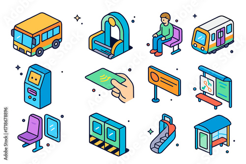 Public Transportation Icons. Colorful isometric vector icons set of Taking public transportation: city bus, subway entrance, metro train, ticket machine,
