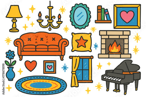 Luxurious Home Doodles. Colorful Hand-drawn doodle Children illustration Luxurious home design velvet couch, gold lamp, chandelier, fireplace, cushion, star,