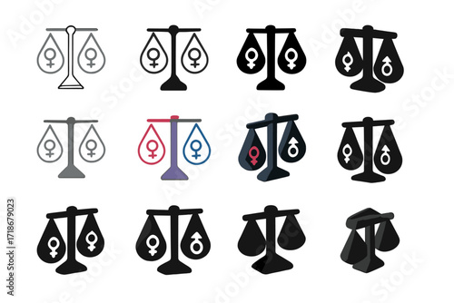 Empowerment Logo Grid. Set Logo of women's empowerment: equality balance scale. Logo set in vector style, emblematic variations. line, bold thick line, solid