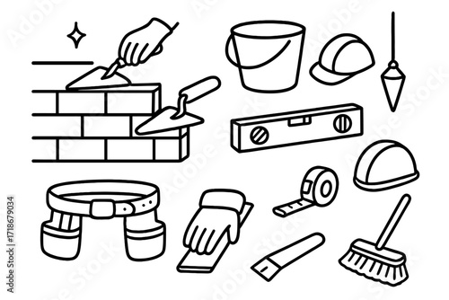 Construction Tools Doodle. Hand-drawn doodle illustration Finishing the top course last brick, trowel, smoothing motion, finishing tool, wall cap, hand with