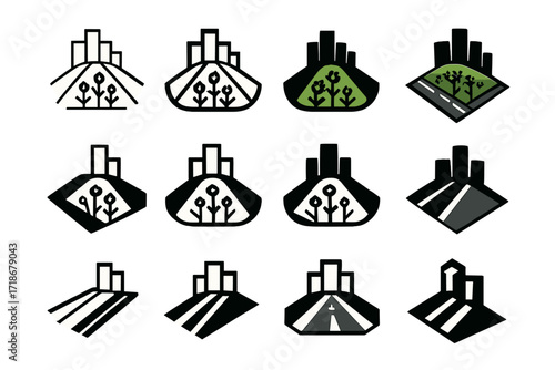 Urban Green Spaces Logos. Set Logo of Urban Green Spaces: Wildflower Meadow Between Roads. Logo set in vector style, emblematic variations. line, bold thick