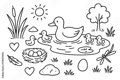 Duck Family Doodle. Hand-drawn doodle illustration [Duck family by the water] [mother duck, ducklings, pond, nest, water ripples, reeds, lily pad, heart,