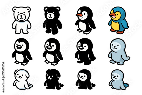 Arctic Costume Icons. Icon Set of Arctic animal costumes: polar bear costume, penguin costume, seal costume. Icons set in vector style, emblematic variations.