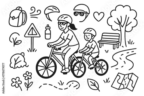 Family Cycling Adventure. Hand-drawn doodle illustration Family outdoor cycling parent bike, child bike, helmets, backpack, sunglasses, park bench, tree, path,
