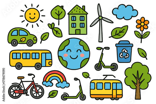 Eco-Friendly Cityscape Doodles. Colorful Hand-drawn doodle Children illustration green city eco car, bus, tram, bicycle, scooter, solar panel, wind turbine,