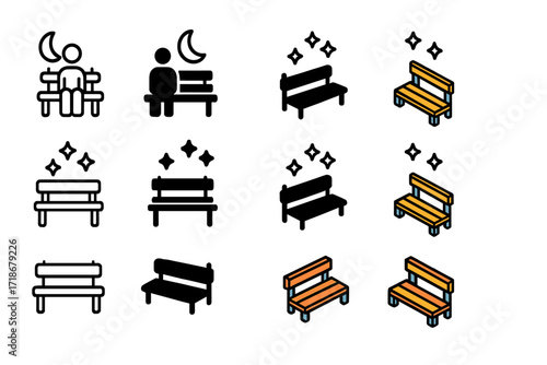 Nighttime Bench Icons. Icon Set of Night Reflection: Person under moonlight on bench, Bench with stars above, Empty night bench. Icons set in vector style,