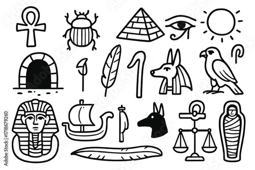 Egyptian Symbols Doodle Art. Hand-drawn doodle illustration [Ancient Egyptian Afterlife] ankh, scarab beetle, pyramid, eye of Horus, tomb, feather of Ma'at,