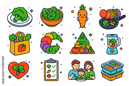 Colorful Vegetable Icons. Colorful isometric vector icons set of the importance of eating vegetables: broccoli on plate, spinach salad bowl, happy carrot