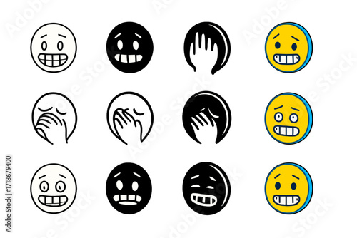 Embarrassed Face Icons. Icon Set of Embarrassed Expressions: Nervous smile face, Facepalm face, Awkward grin face. Icons set in vector style, emblematic