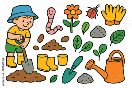 Children's Gardening Adventure. Colorful Hand-drawn doodle Children illustration Digging in the dirt shovel, trowel, smiling worm, flower, soil patch, boots,