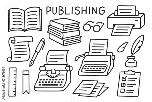Publishing Tools Doodle. Publishing. Hand-drawn doodle illustration open book, stack of books, printer, typewriter, scroll, ink pen, paper sheets, ruler,