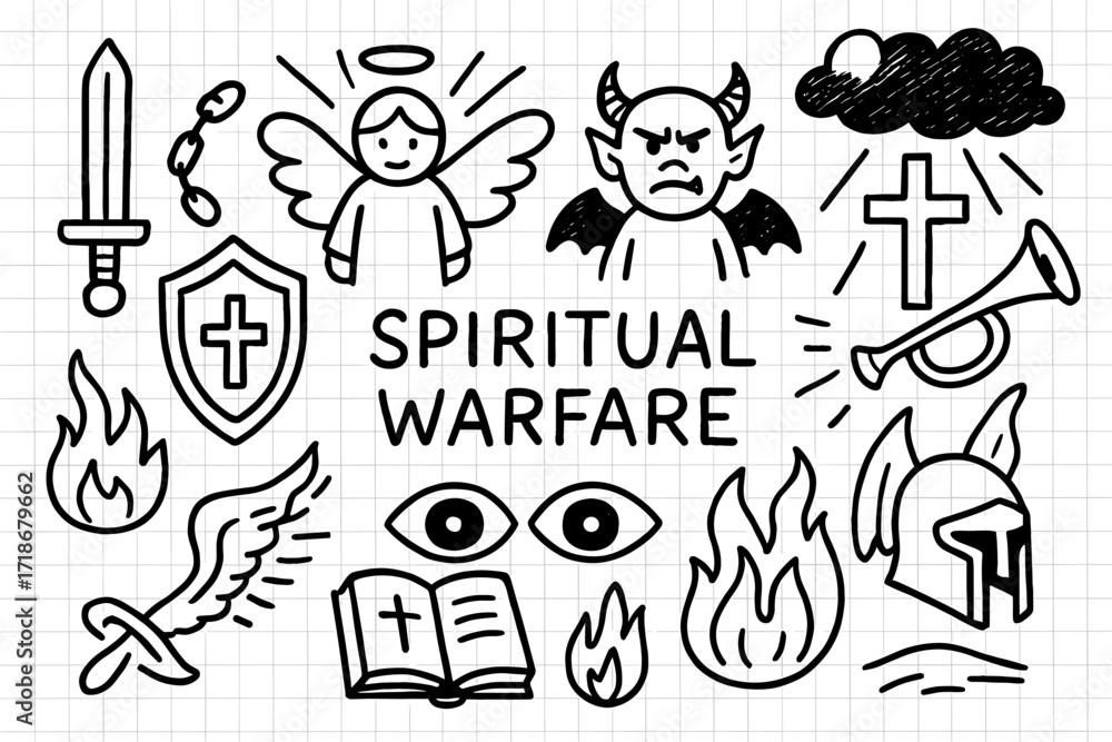 Obraz premium Spiritual Warfare Icons. Hand-drawn doodle illustration [Spiritual warfare] sword, shield, angel, demon, cross, fire, chains, wings, light ray, darkness cloud,