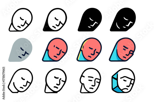 Deep Sigh Logo Variations. Set Logo of Deep Sigh: Tilted head silhouette. Logo set in vector style, emblematic variations. line, bold thick line, solid black