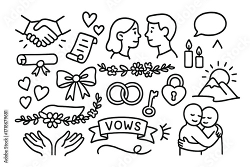 Ceremonial Doodles. Hand-drawn doodle illustration Commitment Ceremony handshake, hearts, promise scroll, couple faces, floral garland, intertwined rings,