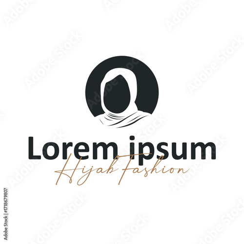 Beauty design concept of woman with black silhouette of simple elegant hijab logo, showing Muslim women's clothing style, illustration of symbol template for poster and brand