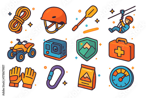 Adventure Icons Set. Colorful isometric vector icons set of Adventure excursion: climbing rope, helmet, raft paddle, zipline, quad bike, GoPro camera, trail