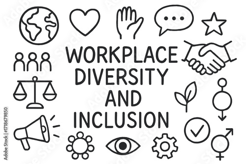 Diversity Doodle Icons. Hand-drawn doodle illustration [Workplace diversity and inclusion] [globe, heart, raised hand, people icon, balance scale, speech