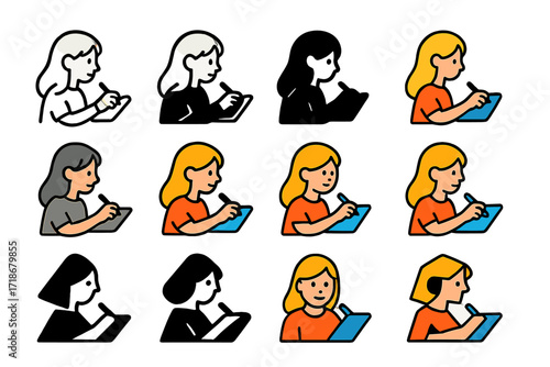Digital Artist Logo Grid. Set Logo of Young artists: Girl with digital drawing tablet. Logo set in vector style, emblematic variations. line, bold thick line,