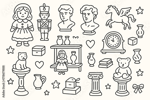 Vintage Collectibles Doodle. Vintage collectibles. Hand-drawn doodle illustration vintage collectibles porcelain dolls, toy soldiers, busts, miniature vases,