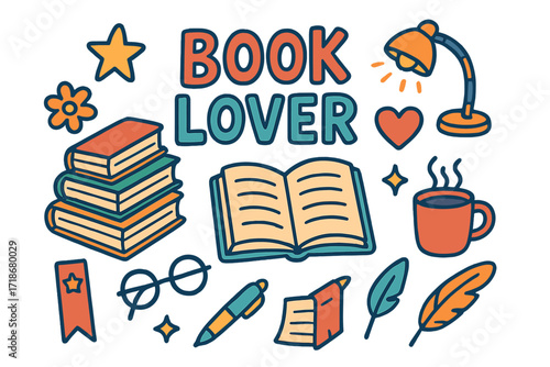 Colorful Book Doodles. Book lover. Colorful Hand-drawn doodle Children illustration stack of books, open book, coffee cup, heart, star, glasses, bookmark,