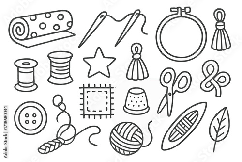 Textile Doodle Icons. Hand-drawn doodle illustration Textile patterns [fabric roll, thread, needle, spool, embroidery hoop, tassel, knot, star,