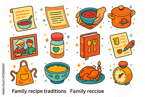 Family Recipe Icons. Colorful isometric vector icons set of Family recipe traditions: handwritten cranberry sauce recipe, vintage recipe card, sauce passed