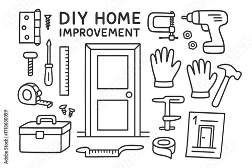 DIY Home Tools. Hand-drawn doodle illustration DIY home improvement door frame, hinge, screw, screwdriver, clamp, drill, ruler, toolbox, measuring tape, bolts,