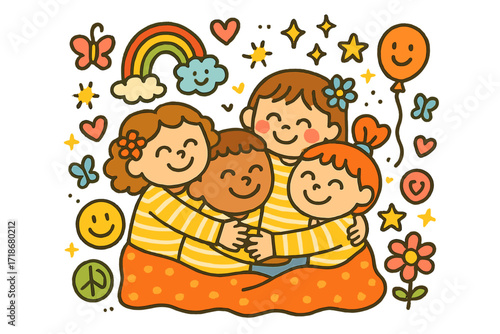 Joyful Group Cuddle. Colorful Hand-drawn doodle Children illustration Big group cuddle cuddly arms, rainbow, sparkles, stars, giggles, hearts, butterflies,