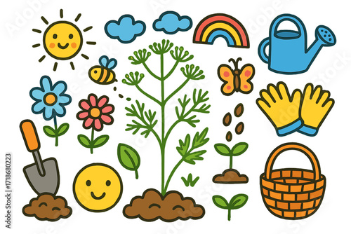 Garden Doodle Fun. Colorful Hand-drawn doodle Children illustration Dill in the Garden [dill plant, shovel, watering can, gloves, flower, sun, cloud, rainbow,