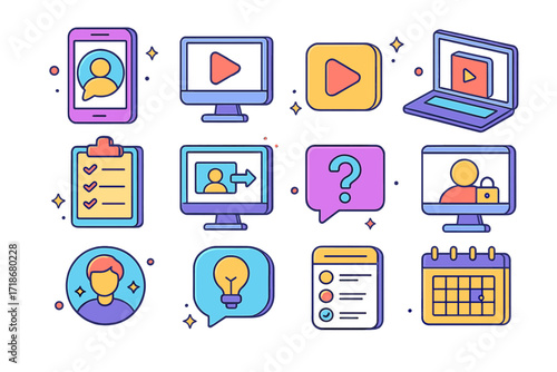 Isometric Training Icons. Colorful isometric vector icons set of Remote training and onboarding: welcome screen, online tutorial monitor, video play button,