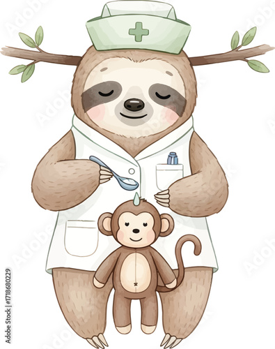 Sloth nurse with monkey toy, wearing a nurse's hat and coat.