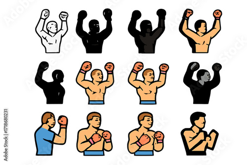 Fighter Victory Logos. Set Logo of Fighter Victory: MMA fighter pose. Logo set in vector style, emblematic variations. line, bold thick line, solid black