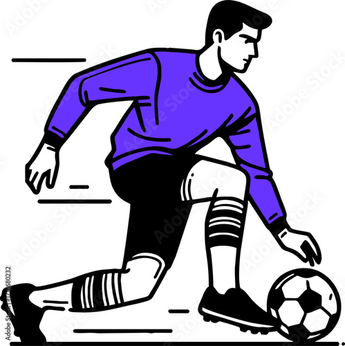 Professional soccer player and football concept. Young positive man cartoon character in sportswear kicking ball during football soccer training outdoors flat vector illustration
