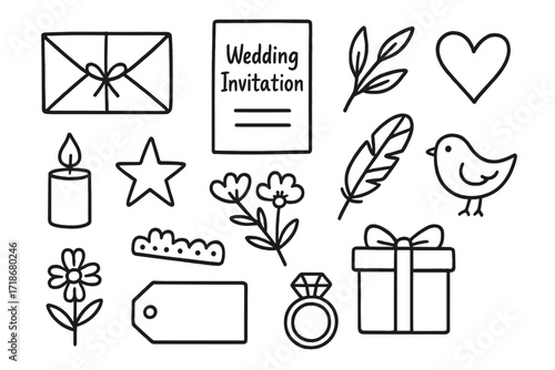 Rustic Wedding Doodle Icons. Hand-drawn doodle illustration rustic wedding invitation envelope, letter, string bow, branch, leaf, heart, candle, star, feather,